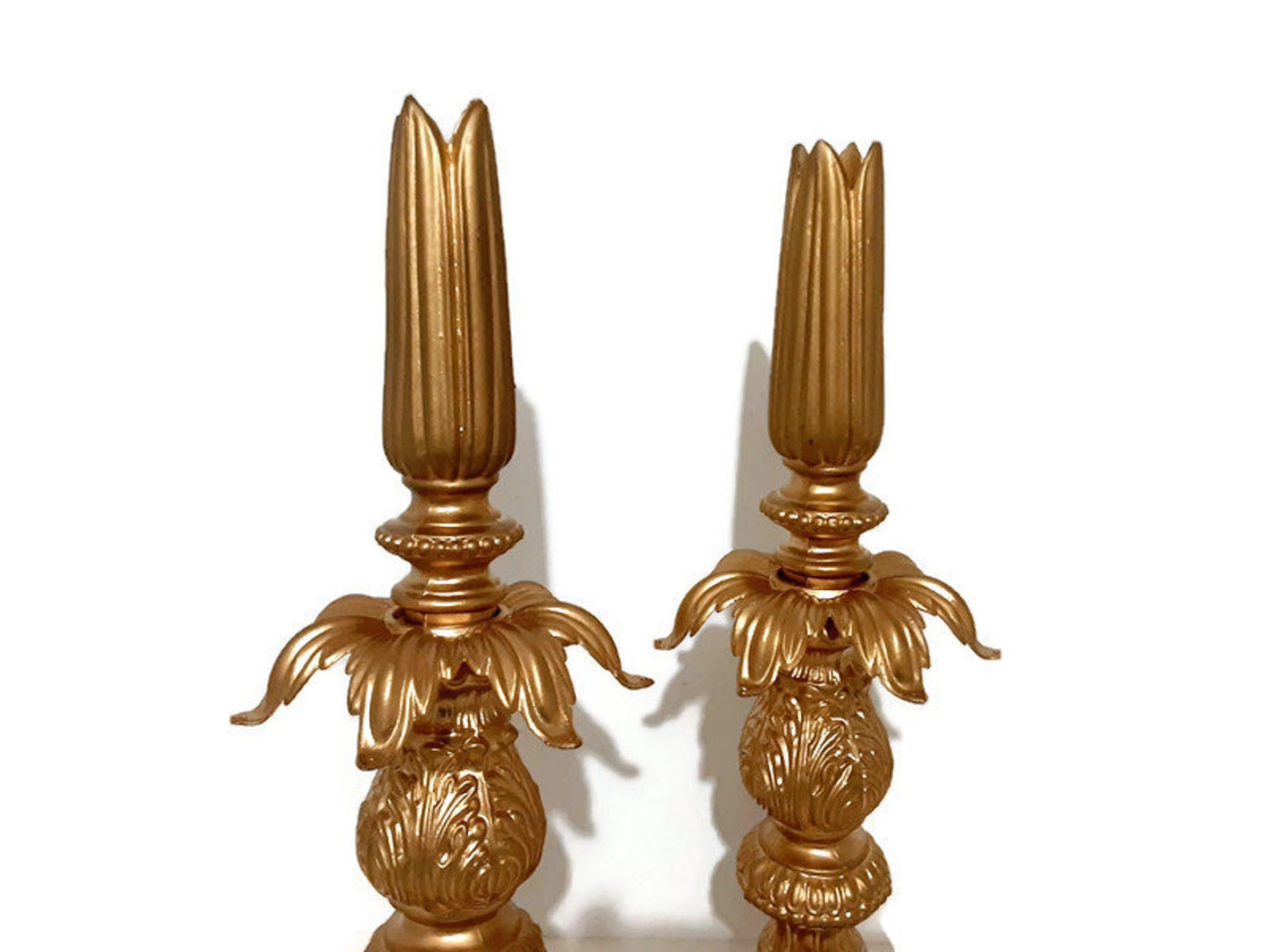 Vintage Gold Taper Candle Holders - Metal Tulip Accent Lamps
