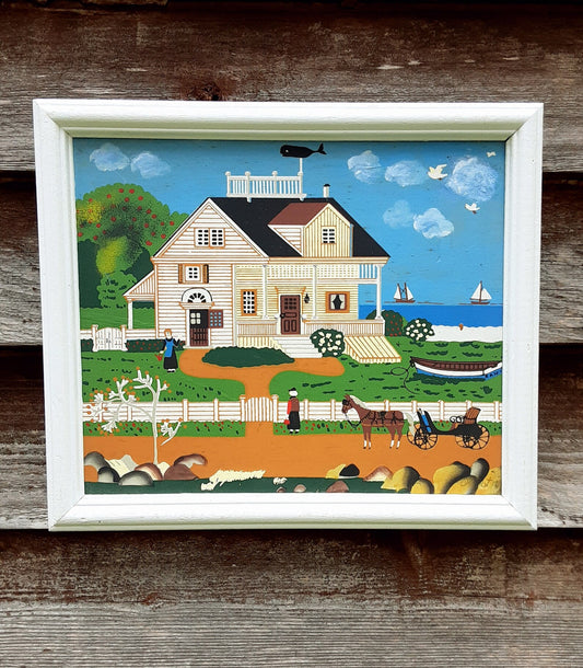 This naive / folk art painting is in the style of CHARLES WYSOCKI  Vibrant Cape Cod with sailboats in the background famous Pickwick Cottage.  Top has a wale weather vane, horse and buggy pulling up with older woman as another steps out to greet her.  Painted on wood, with a white