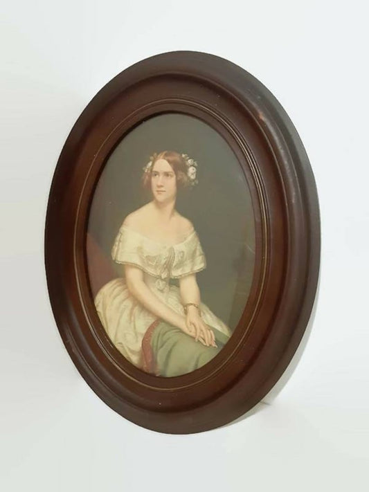 Antique Walnut Framed Portrait of " Jenny Lind" Opera Singer - Oval Glass Front Walnut Frame