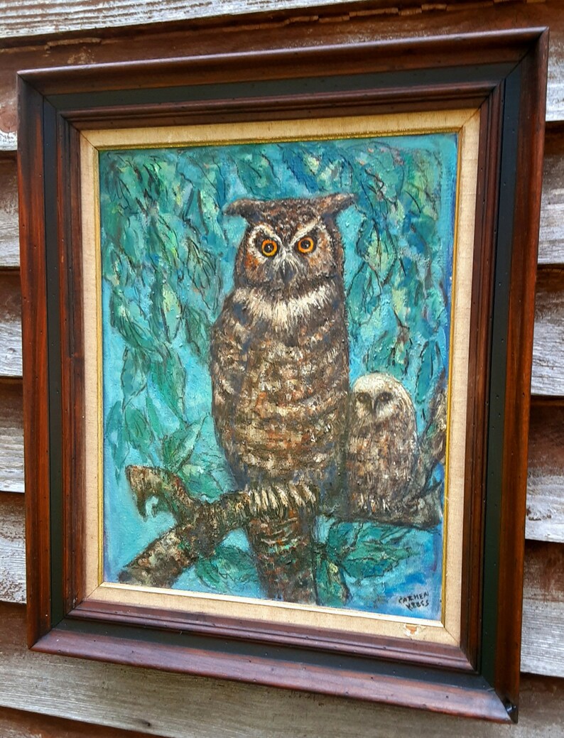 Carmen (Barr) Kress Signed Oil Painting - Large Barn Owl And Baby Owl